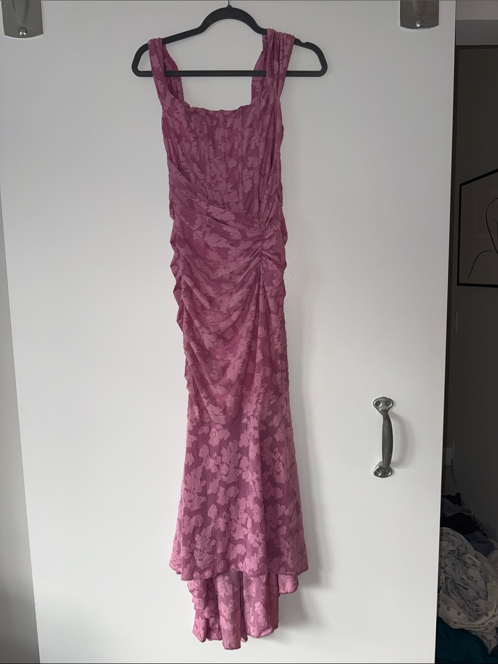 Elegant Pink Floral Ruched Evening Dress